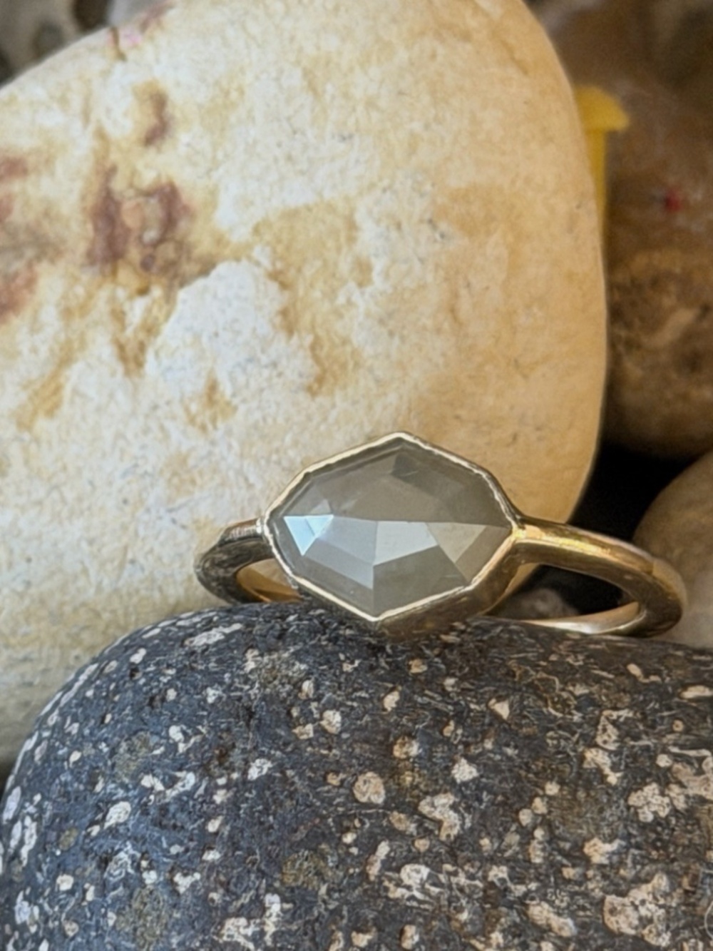 Beautiful Natural Grey Rustic Diamond Rose cut Bezel Yellow Gold 14k ring